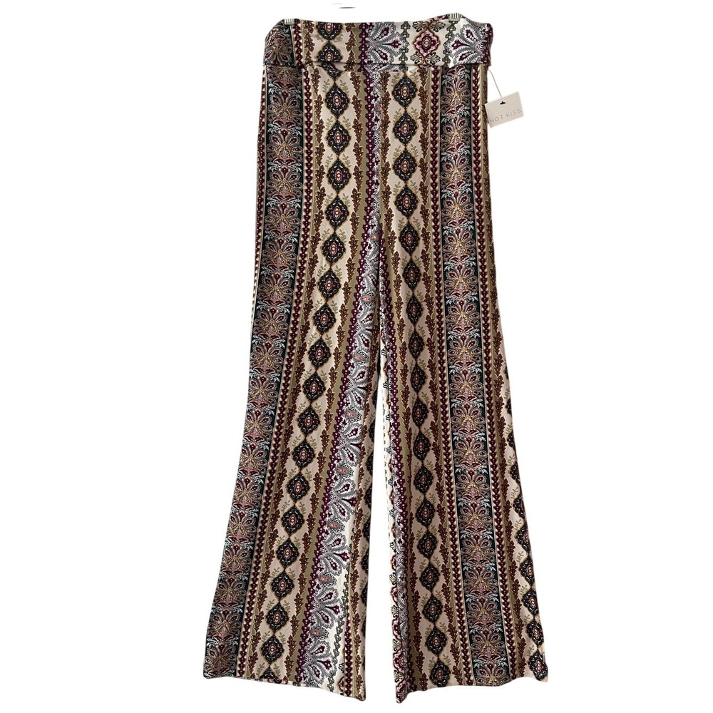 Hot Kiss Boho Print Fold Over Wide Leg Lounge Pants Large‎ NWT